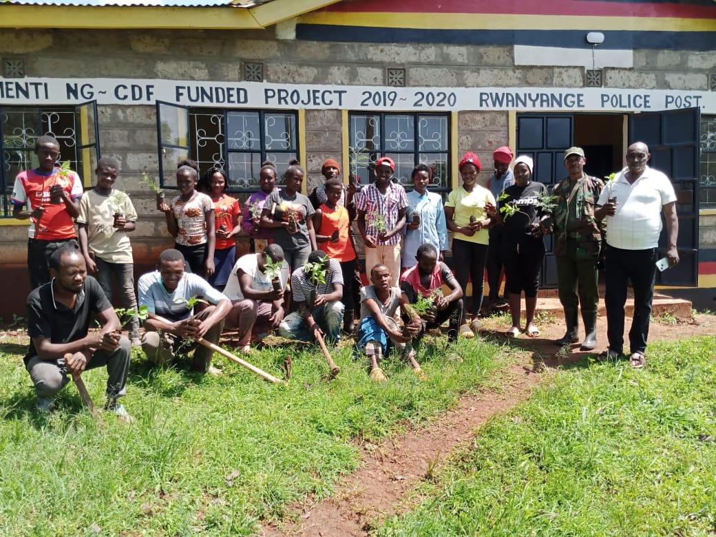 The Rwanyange Youth Group in Meru during a tree planting exercise. The youth group planted a mix of agroforestry and indigenous trees at three key locations: Rwanyange Primary School, Rwanyange Police Station, and Rwanyange Dispensary. This effort aims not only to enhance the local environment but also to promote sustainable practices such as agroforestry, contributing to improved livelihoods and greater ecosystem resilience. This initiative highlights the importance of forest conservation and supports the livelihoods of local and indigenous communities.