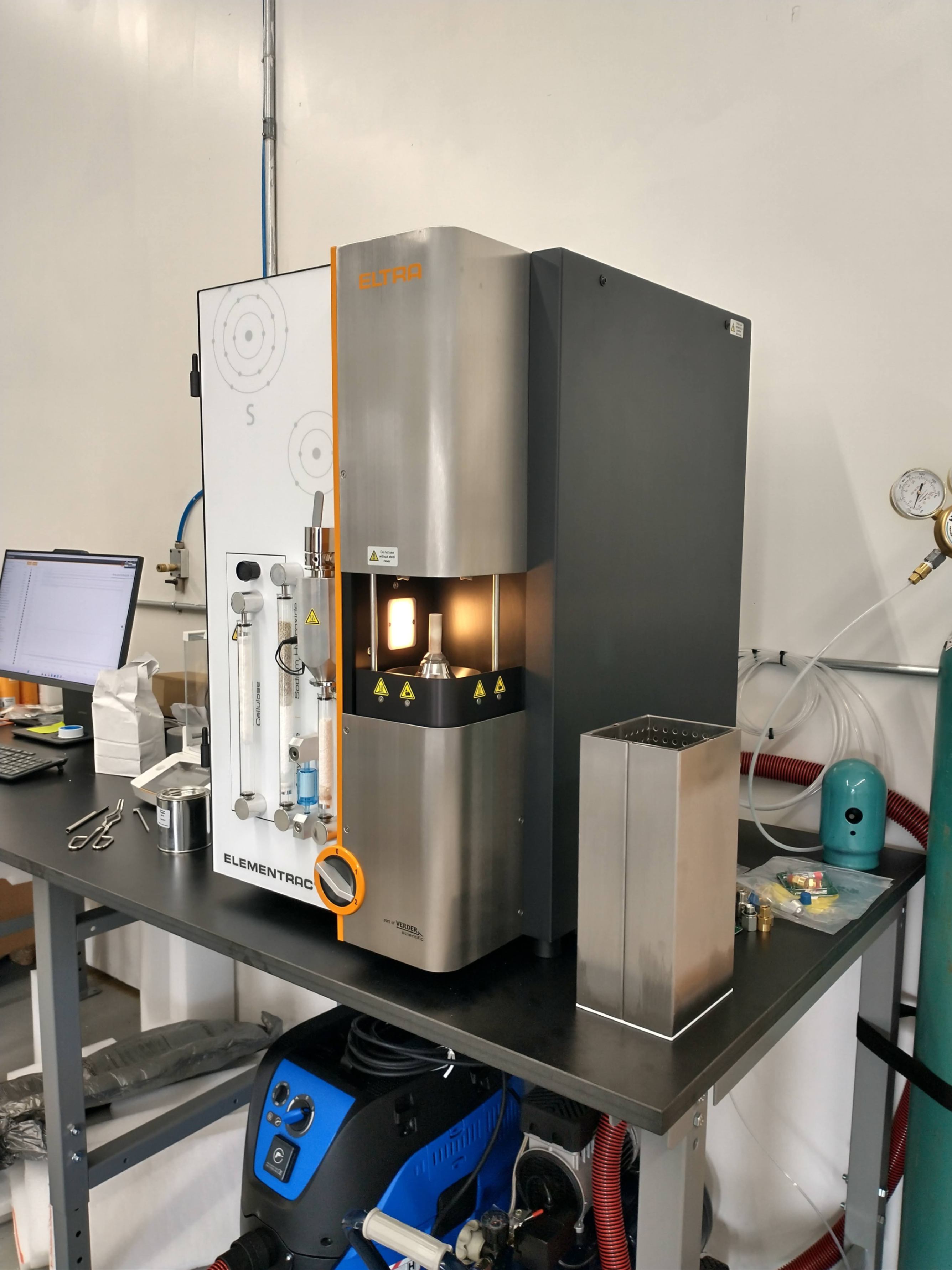 Our new Eltra total carbon analyzer is up and running in our lab! We're using Eltra measurements to calculate gross CDR for our CDR experiments and deployments.

Powdered slag samples are rapidly heated in the furnace, converting solid carbon into gaseous carbon dioxide. The Eltra measures the total off-gassed CO2 allowing us to know how much carbon individual samples contain.  By comparing pre-deployment baseline samples to "weathered" samples, we can easily and confidently know how much gross carbon has accumulated. We pair these measurements with complementary analyses that allow us to quantify the carbonate content, and thus gross CDR.